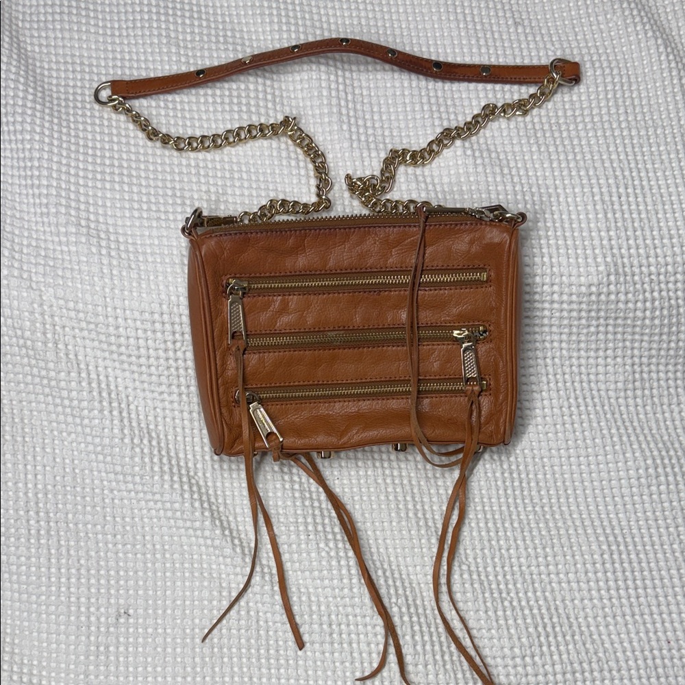 Rebecca Minkoff Tan Leather Crossbody Bag with Gold Chain - 1x7x9